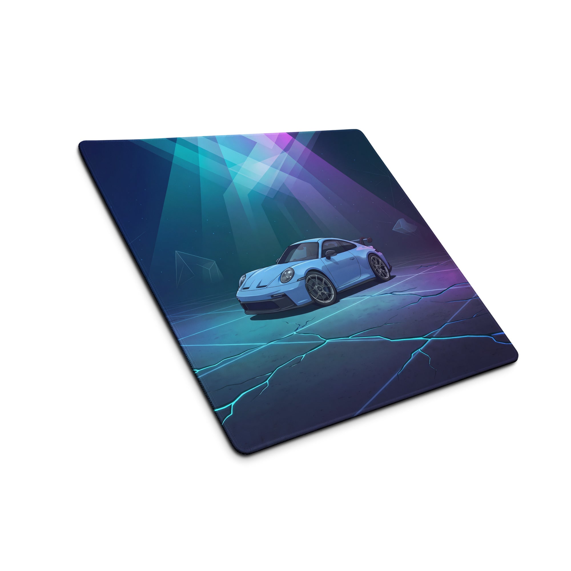 Porsche 911 GT3 Inspired Ice Blue Vaporwave Gaming Mouse Pad – Neon Cyan Purple Desk Mat, Futuristic Geometric Sports Car Digital Artwork
