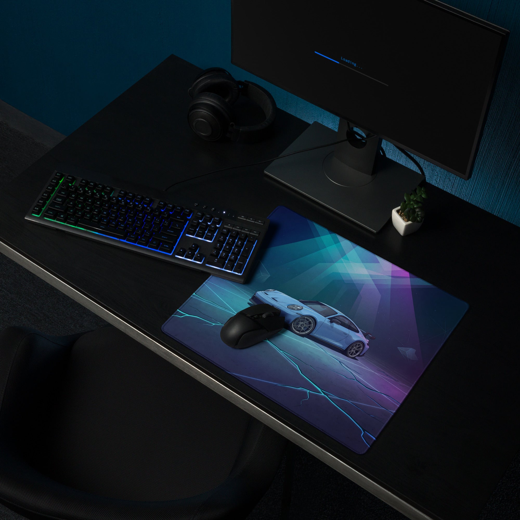 Porsche 911 GT3 Inspired Ice Blue Vaporwave Gaming Mouse Pad – Neon Cyan Purple Desk Mat, Futuristic Geometric Sports Car Digital Artwork