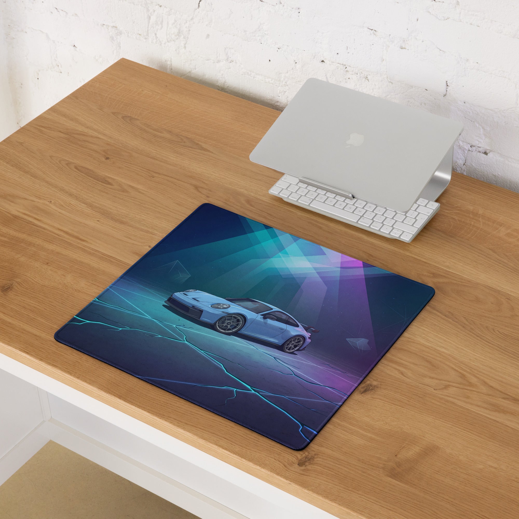 Porsche 911 GT3 Inspired Ice Blue Vaporwave Gaming Mouse Pad – Neon Cyan Purple Desk Mat, Futuristic Geometric Sports Car Digital Artwork
