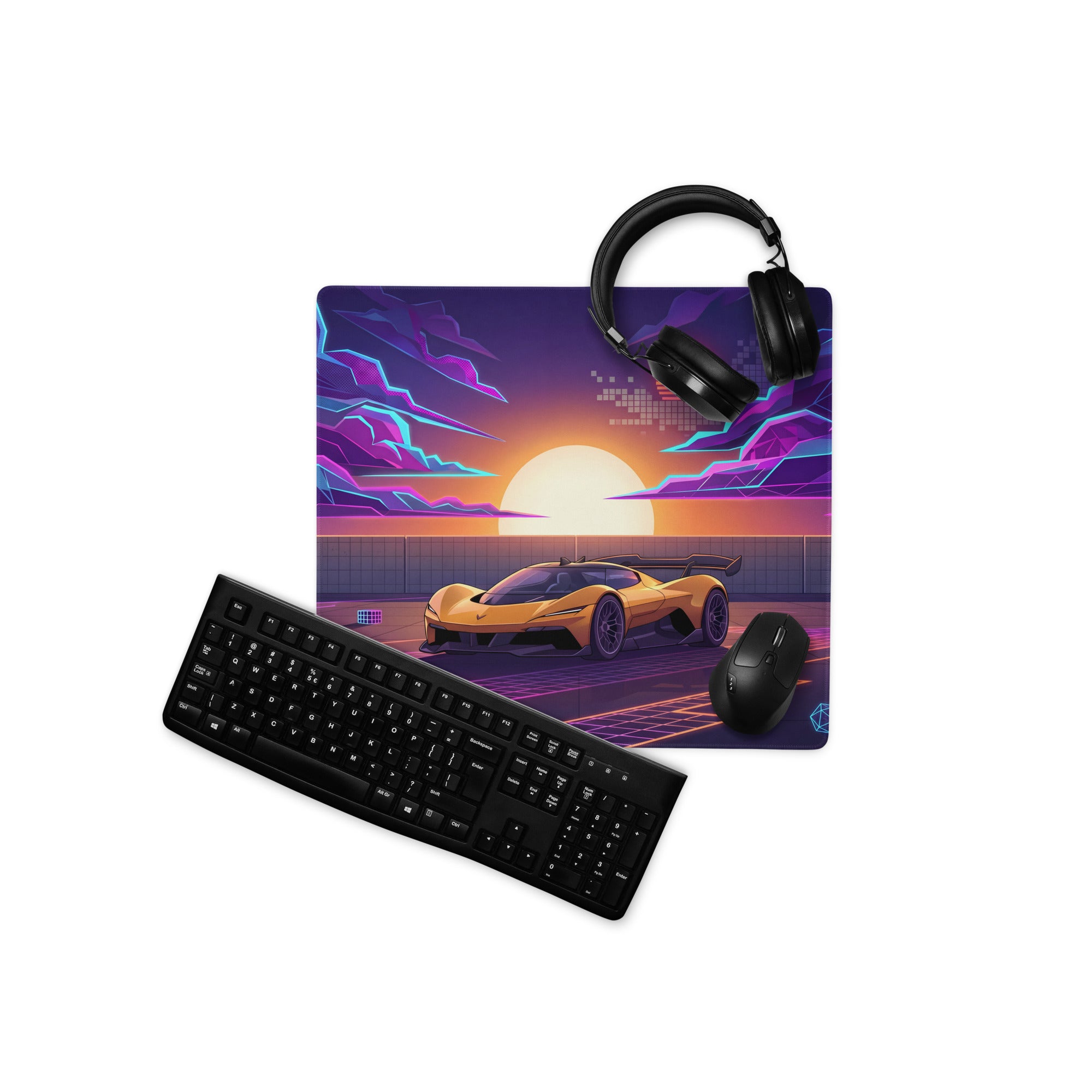 Chevrolet Corvette CX.R Vision Inspired Orange Vaporwave Gaming Mouse Pad – Neon Purple Sunset Desk Mat, Retro Futuristic Hypercar Digital Artwork