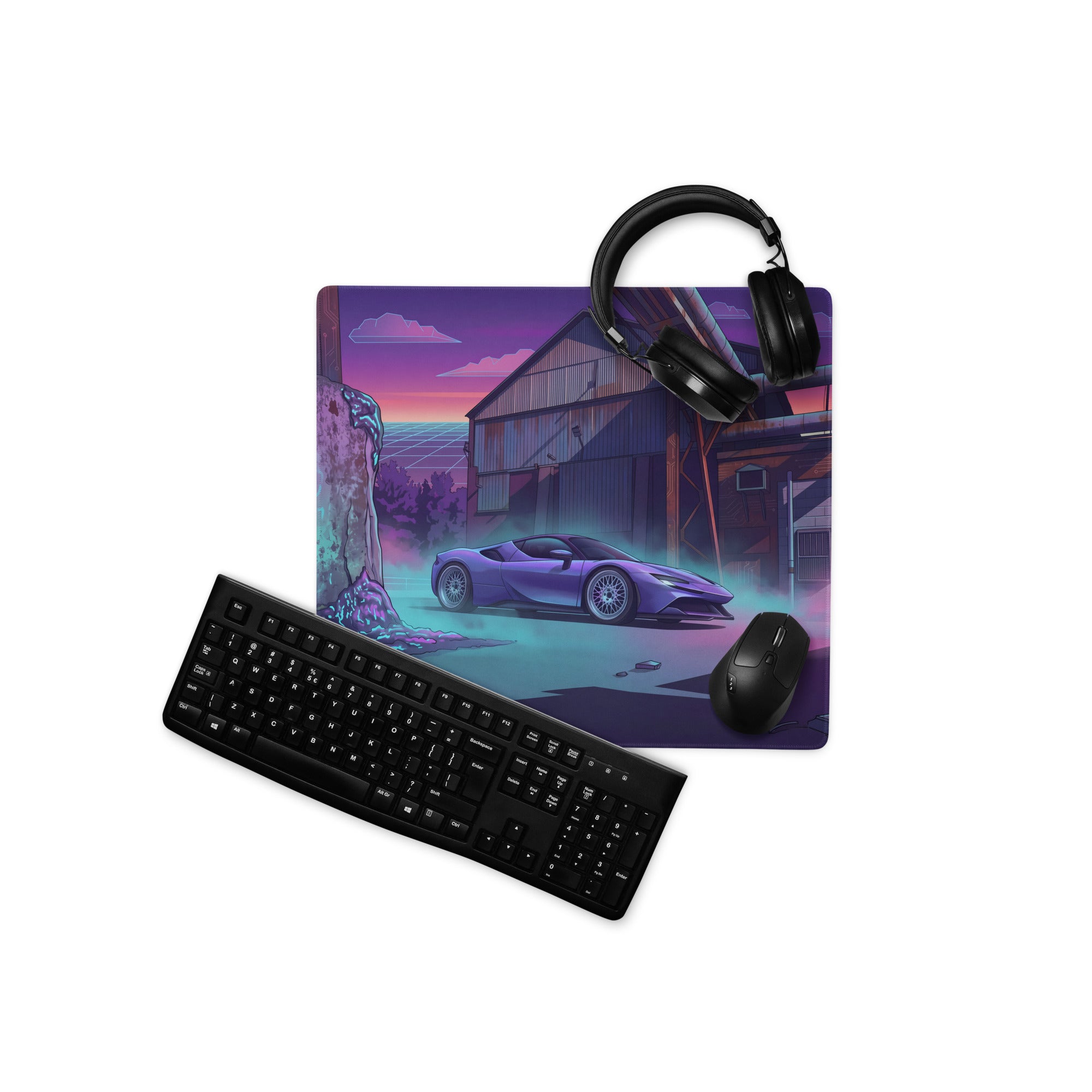 Ferrari SF90 Stradale Inspired Purple Vaporwave Gaming Mouse Pad – Neon Cyan Industrial Ruins Desk Mat, Retro Futuristic Supercar Digital Art