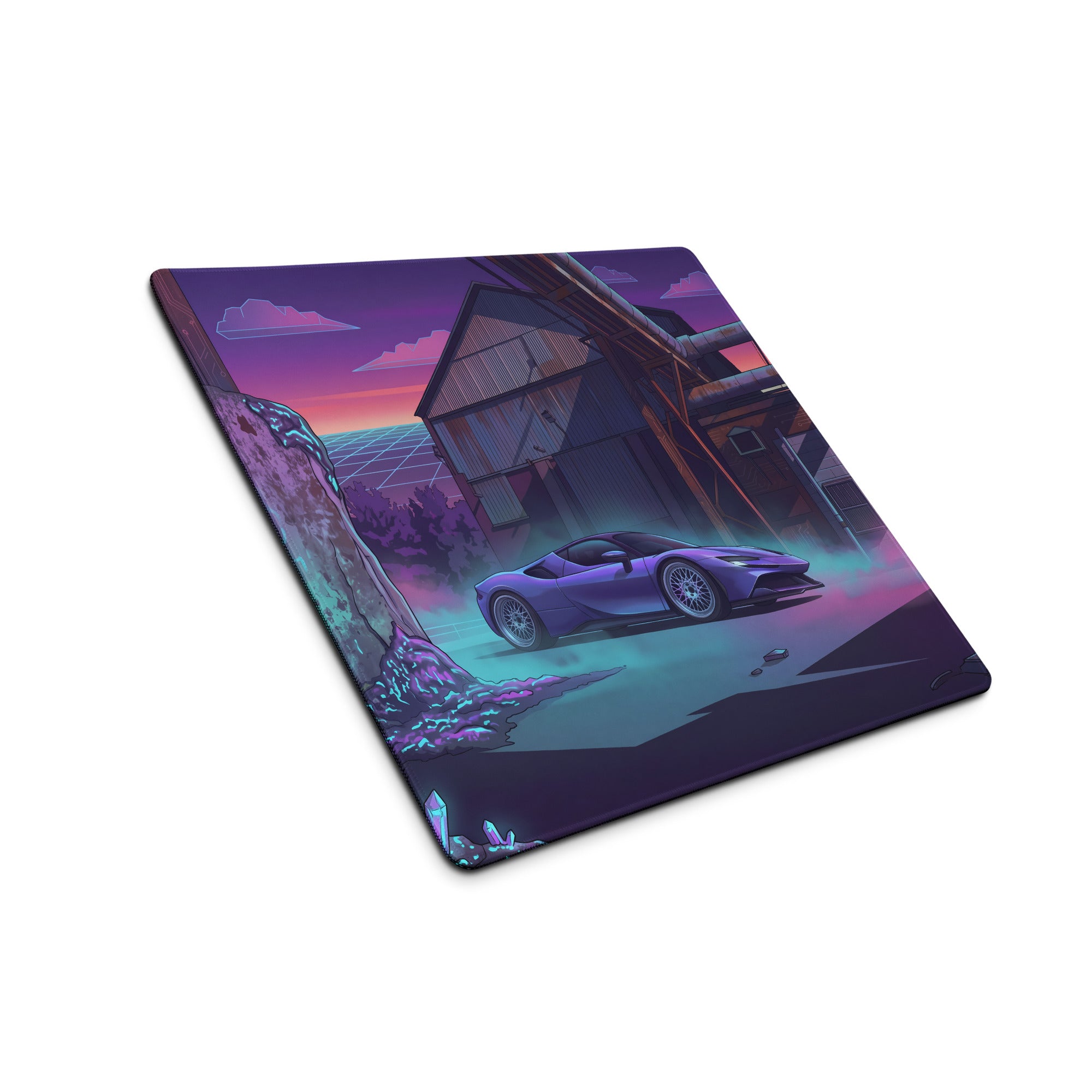 Ferrari SF90 Stradale Inspired Purple Vaporwave Gaming Mouse Pad – Neon Cyan Industrial Ruins Desk Mat, Retro Futuristic Supercar Digital Art