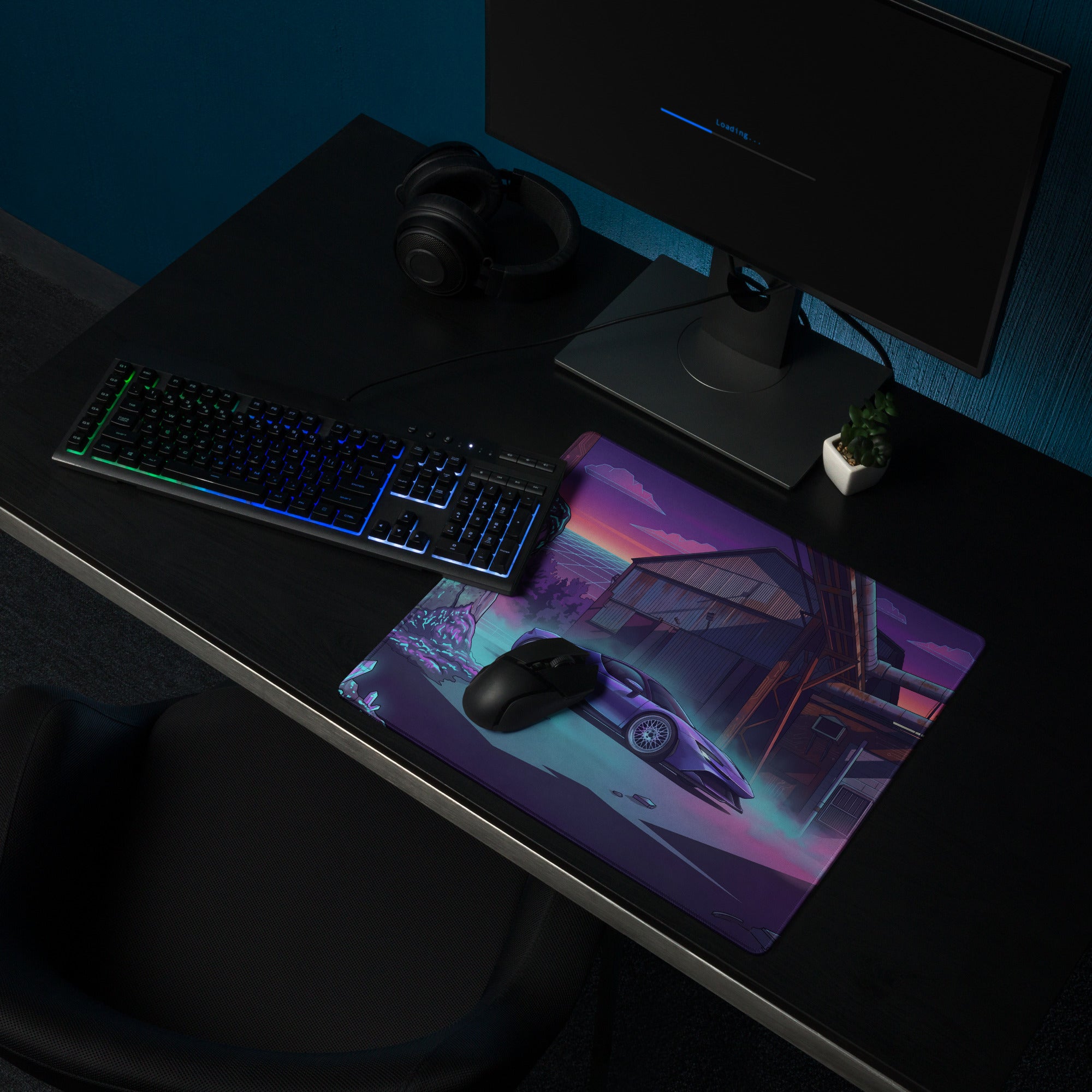 Ferrari SF90 Stradale Inspired Purple Vaporwave Gaming Mouse Pad – Neon Cyan Industrial Ruins Desk Mat, Retro Futuristic Supercar Digital Art