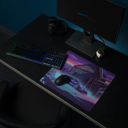 Ferrari SF90 Stradale Inspired Purple Vaporwave Gaming Mouse Pad – Neon Cyan Industrial Ruins Desk Mat, Retro Futuristic Supercar Digital Art