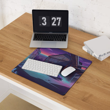 Ferrari SF90 Stradale Inspired Purple Vaporwave Gaming Mouse Pad – Neon Cyan Industrial Ruins Desk Mat, Retro Futuristic Supercar Digital Art