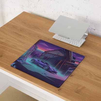 Ferrari SF90 Stradale Inspired Purple Vaporwave Gaming Mouse Pad – Neon Cyan Industrial Ruins Desk Mat, Retro Futuristic Supercar Digital Art