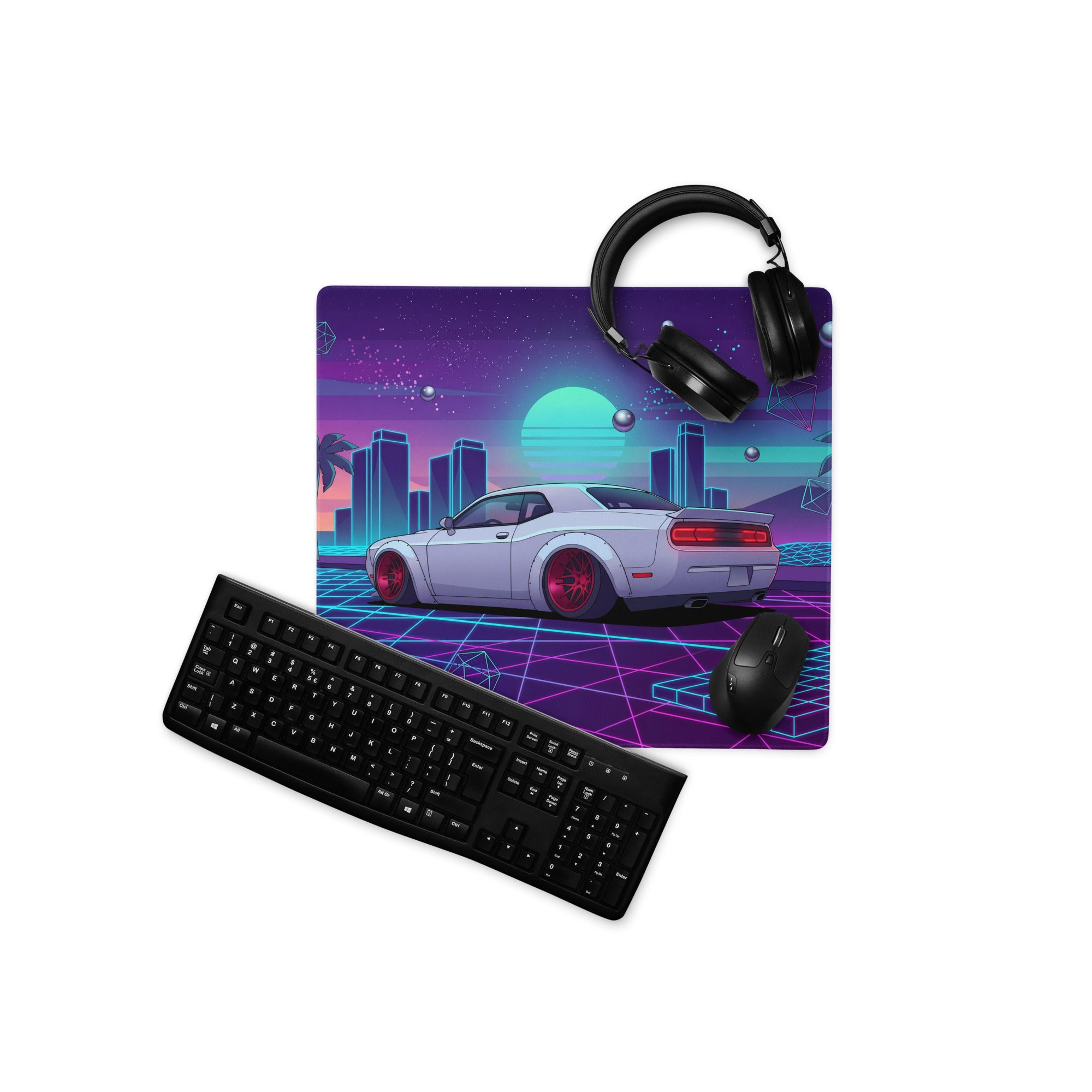 Dodge Challenger SRT Hellcat Inspired White Vaporwave Gaming Mouse Pad – Neon Cyan Pink City Desk Mat, Retro Futuristic Muscle Car Digital Art