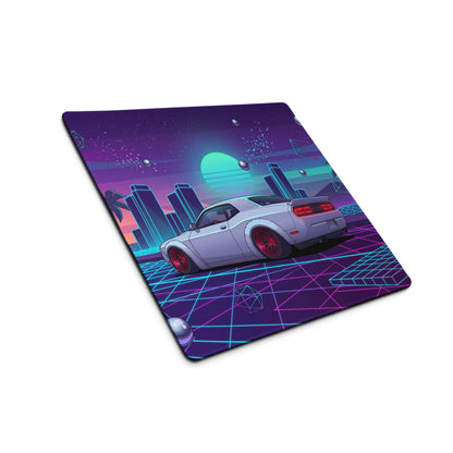 Dodge Challenger SRT Hellcat Inspired White Vaporwave Gaming Mouse Pad – Neon Cyan Pink City Desk Mat, Retro Futuristic Muscle Car Digital Art