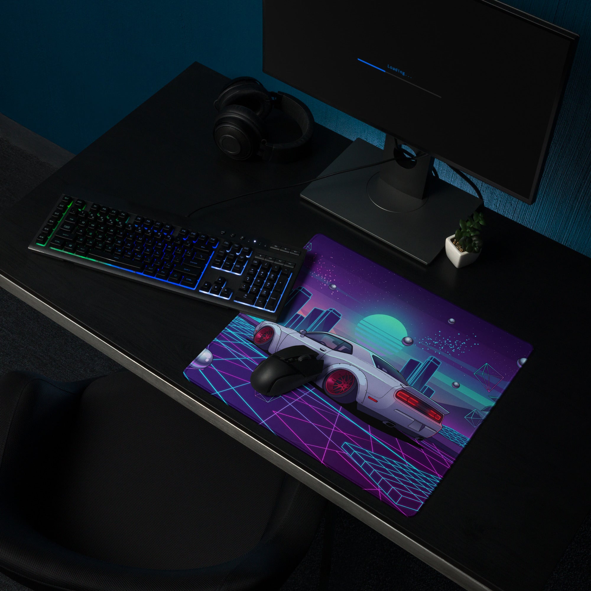 Dodge Challenger SRT Hellcat Inspired White Vaporwave Gaming Mouse Pad – Neon Cyan Pink City Desk Mat, Retro Futuristic Muscle Car Digital Art