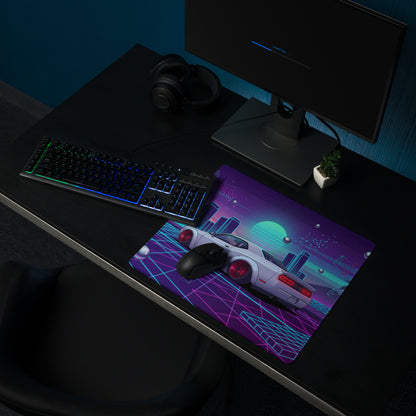 Dodge Challenger SRT Hellcat Inspired White Vaporwave Gaming Mouse Pad – Neon Cyan Pink City Desk Mat, Retro Futuristic Muscle Car Digital Art