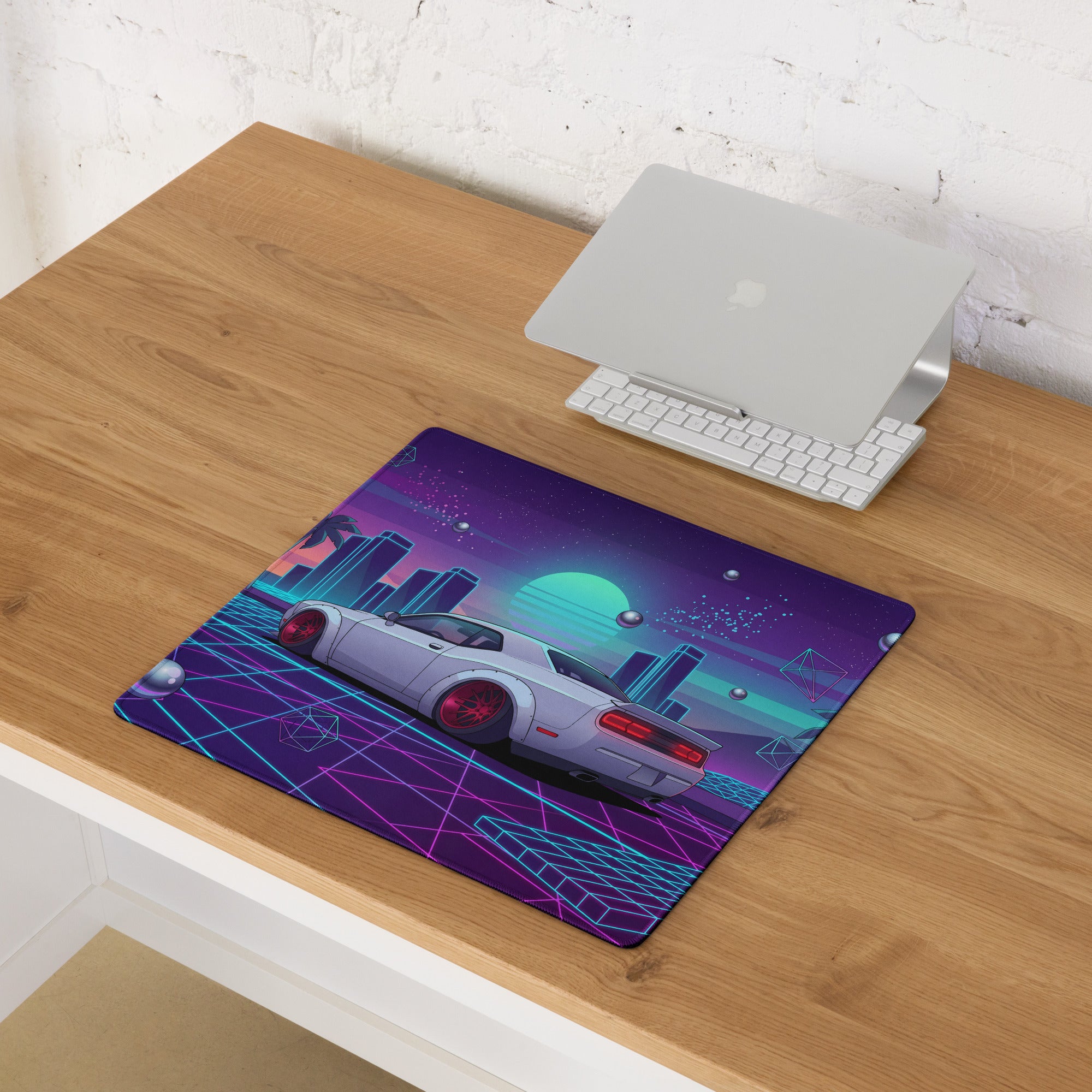 Dodge Challenger SRT Hellcat Inspired White Vaporwave Gaming Mouse Pad – Neon Cyan Pink City Desk Mat, Retro Futuristic Muscle Car Digital Art