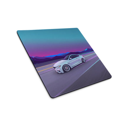 BMW M4 Inspired White Vaporwave Gaming Mouse Pad – Neon Cyan Purple Highway Desk Mat, Retro Futuristic Mountain Racing Digital Artwork