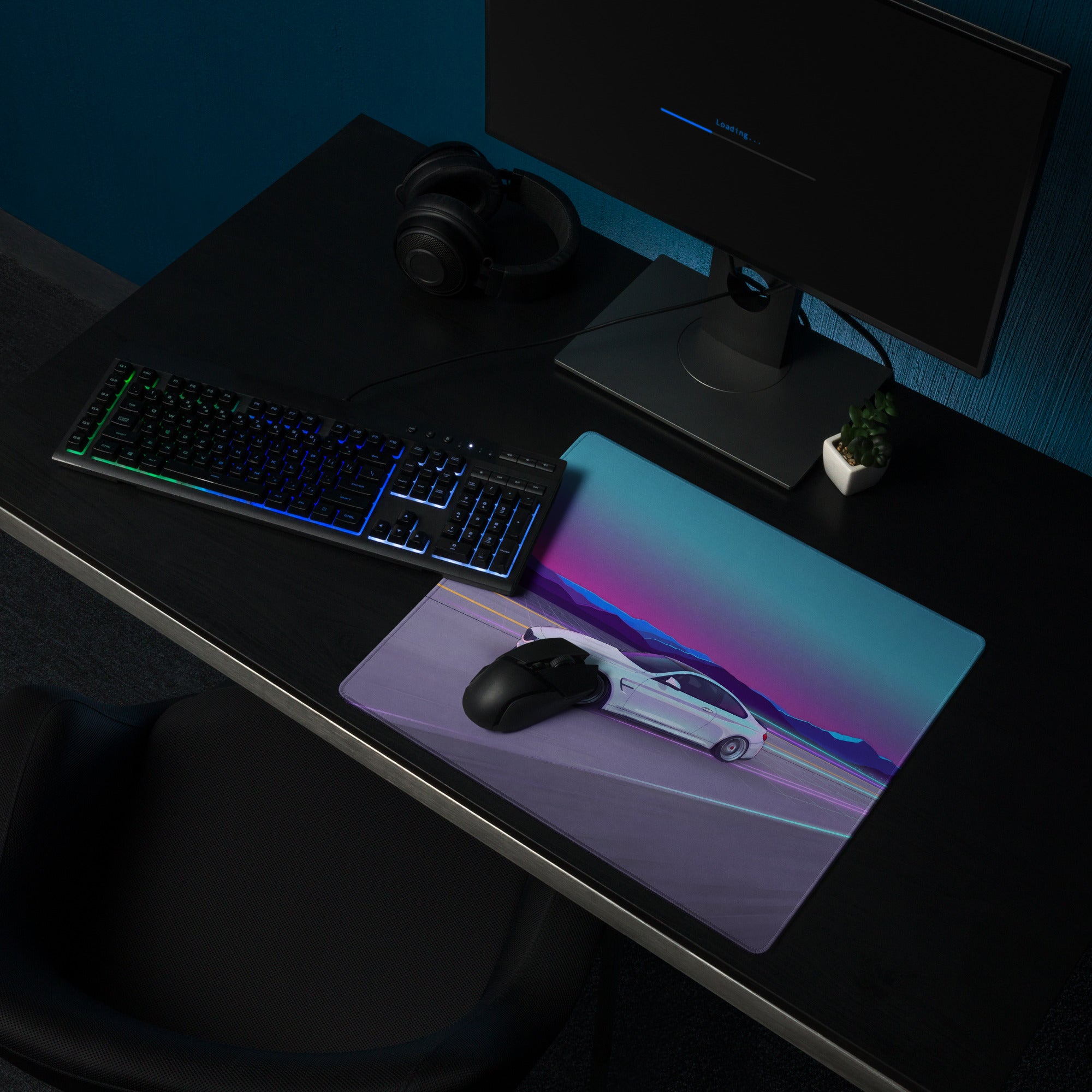 BMW M4 Inspired White Vaporwave Gaming Mouse Pad – Neon Cyan Purple Highway Desk Mat, Retro Futuristic Mountain Racing Digital Artwork