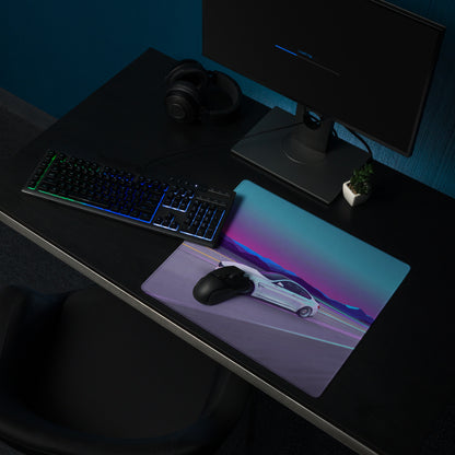 BMW M4 Inspired White Vaporwave Gaming Mouse Pad – Neon Cyan Purple Highway Desk Mat, Retro Futuristic Mountain Racing Digital Artwork