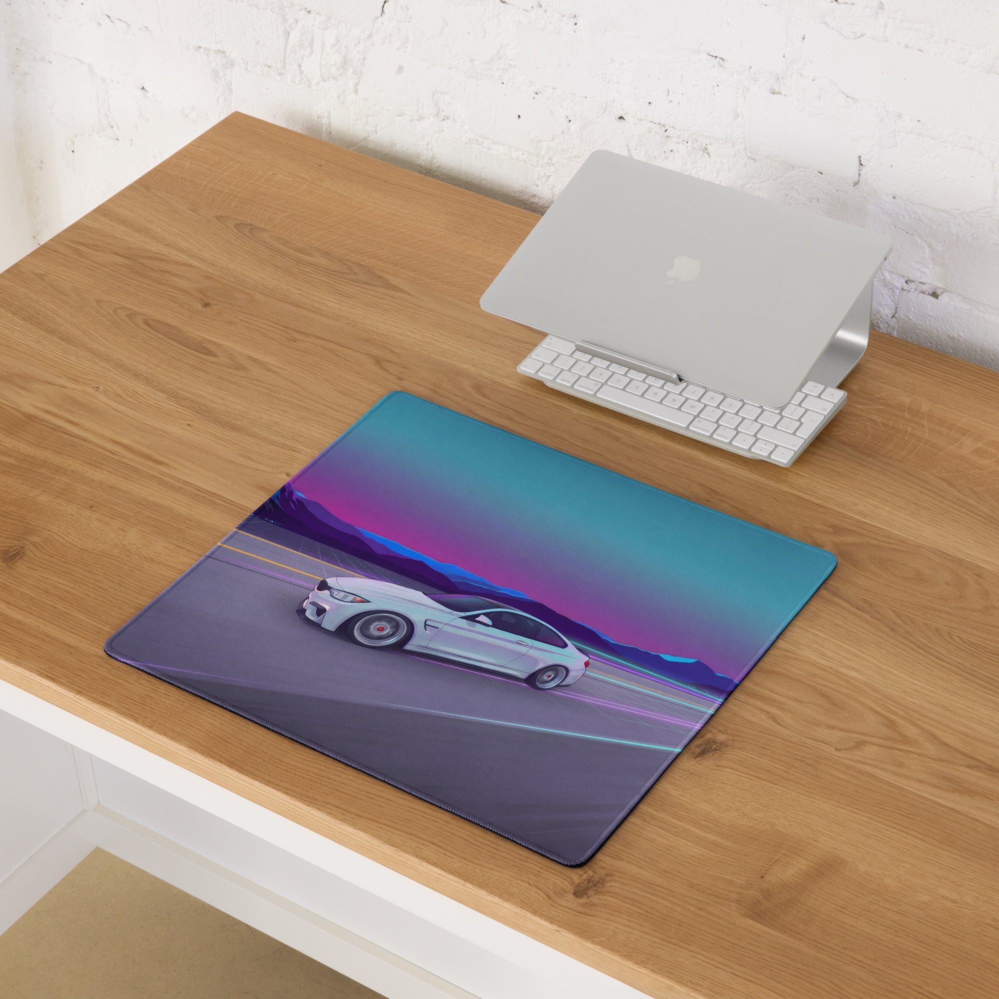 BMW M4 Inspired White Vaporwave Gaming Mouse Pad – Neon Cyan Purple Highway Desk Mat, Retro Futuristic Mountain Racing Digital Artwork