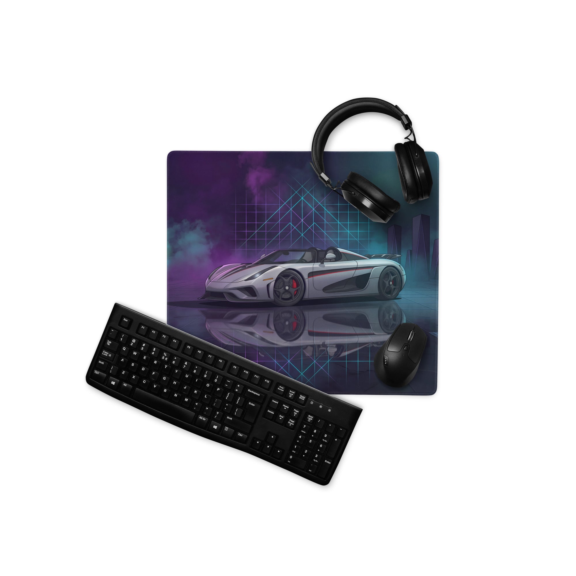 Koenigsegg Regera Inspired Silver Vaporwave Gaming Mouse Pad – Neon Cyan Purple Futuristic City Desk Mat, Dreamy Hypercar Digital Artwork