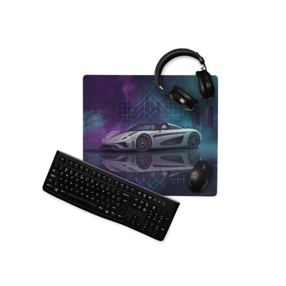 Koenigsegg Regera Inspired Silver Vaporwave Gaming Mouse Pad – Neon Cyan Purple Futuristic City Desk Mat, Dreamy Hypercar Digital Artwork