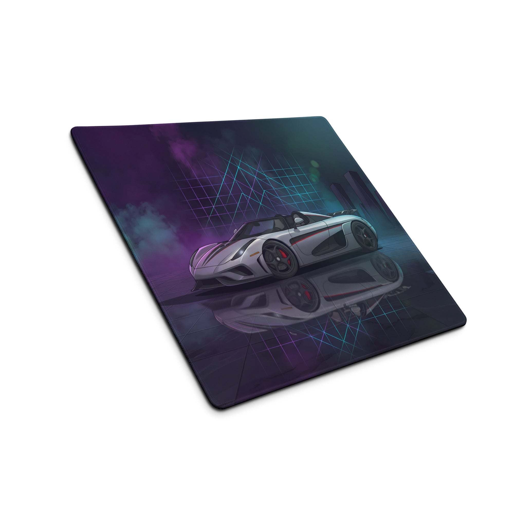 Koenigsegg Regera Inspired Silver Vaporwave Gaming Mouse Pad – Neon Cyan Purple Futuristic City Desk Mat, Dreamy Hypercar Digital Artwork