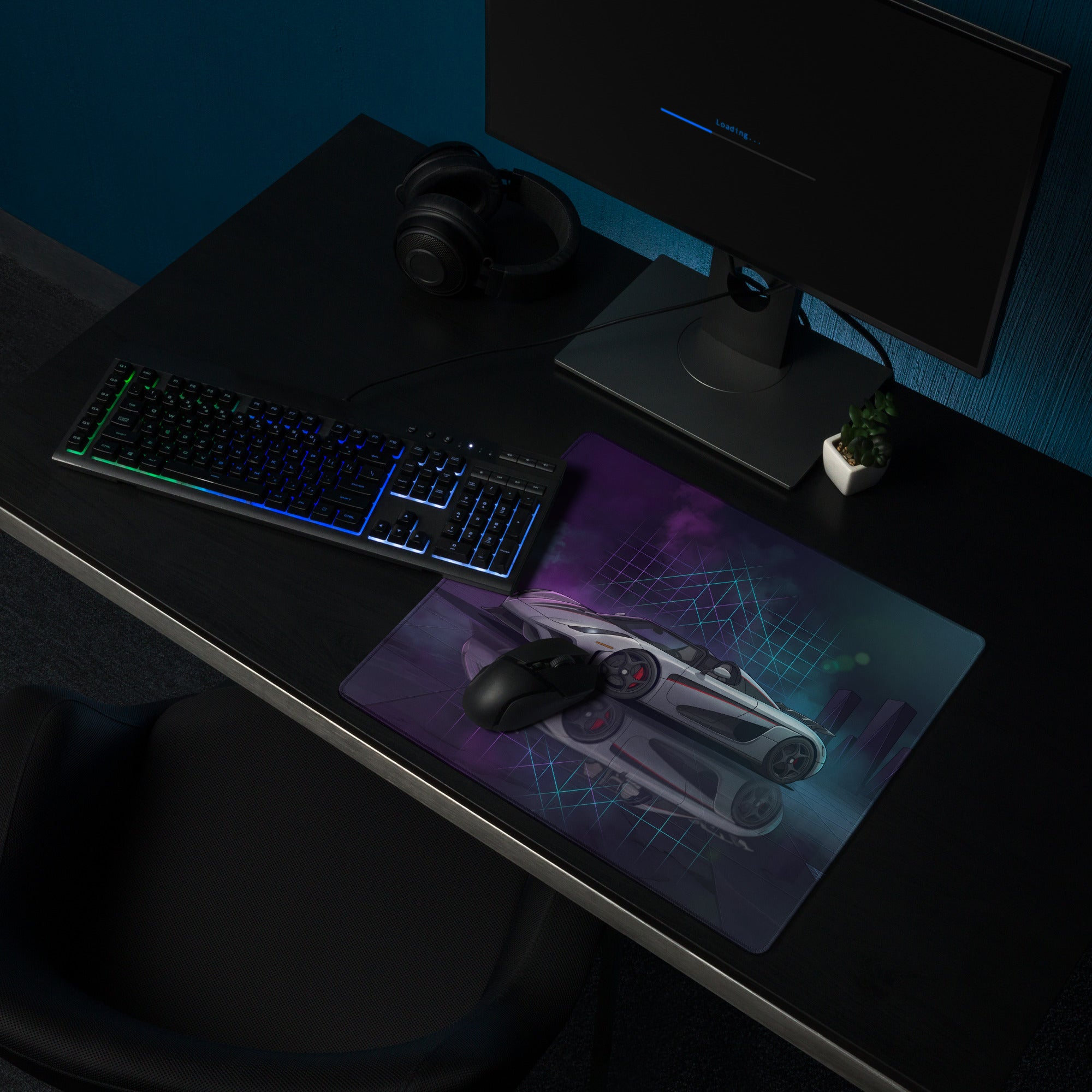 Koenigsegg Regera Inspired Silver Vaporwave Gaming Mouse Pad – Neon Cyan Purple Futuristic City Desk Mat, Dreamy Hypercar Digital Artwork