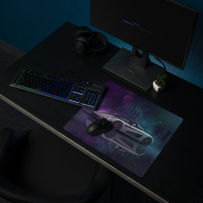 Koenigsegg Regera Inspired Silver Vaporwave Gaming Mouse Pad – Neon Cyan Purple Futuristic City Desk Mat, Dreamy Hypercar Digital Artwork