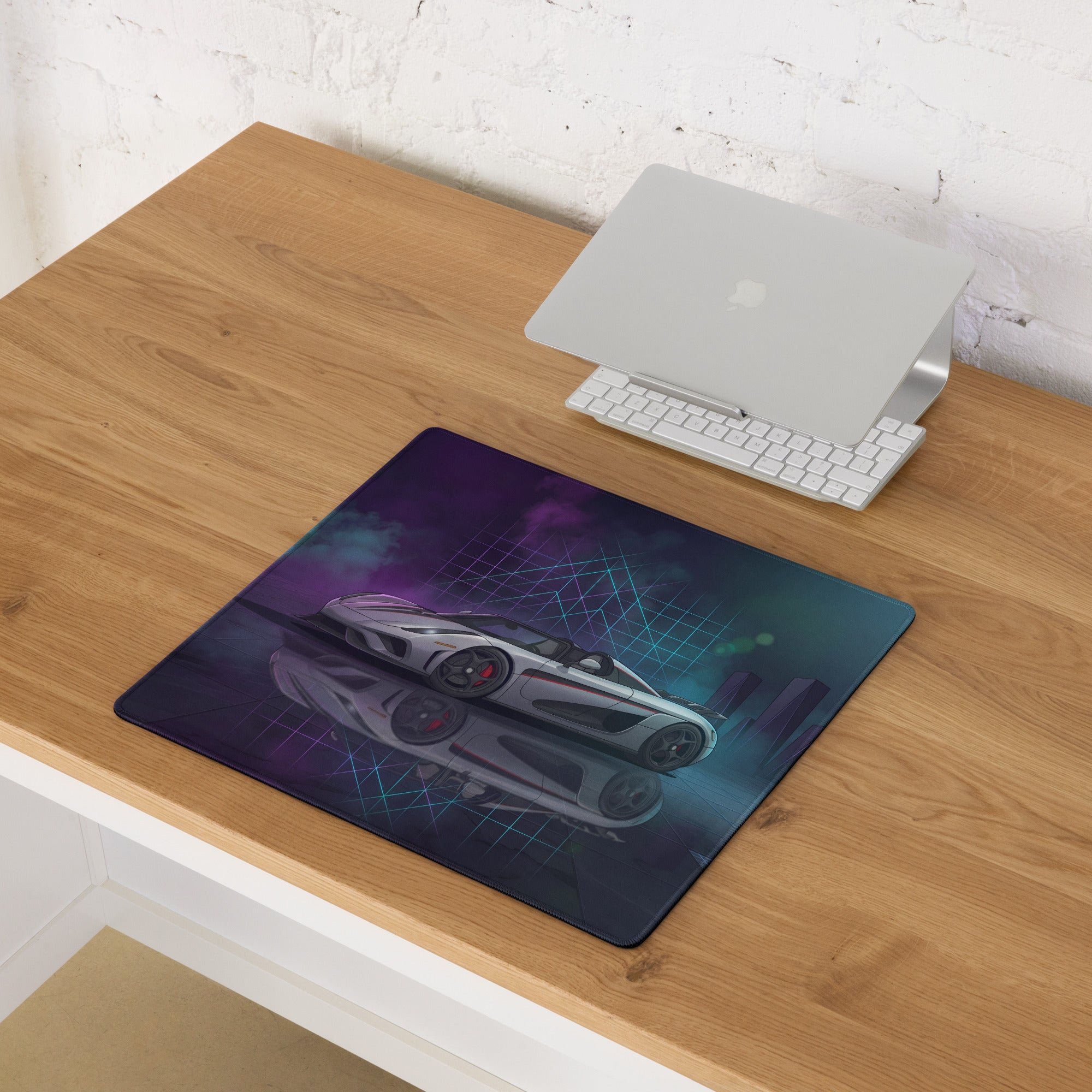 Koenigsegg Regera Inspired Silver Vaporwave Gaming Mouse Pad – Neon Cyan Purple Futuristic City Desk Mat, Dreamy Hypercar Digital Artwork