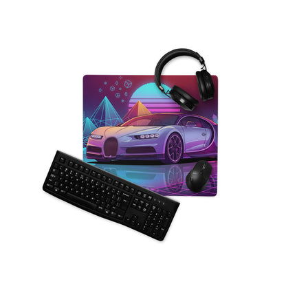 Bugatti Chiron Inspired Silver Purple Vaporwave Gaming Mouse Pad – Neon Cyan Pink Retro Futuristic City Desk Mat, Synthwave Hypercar Digital Art