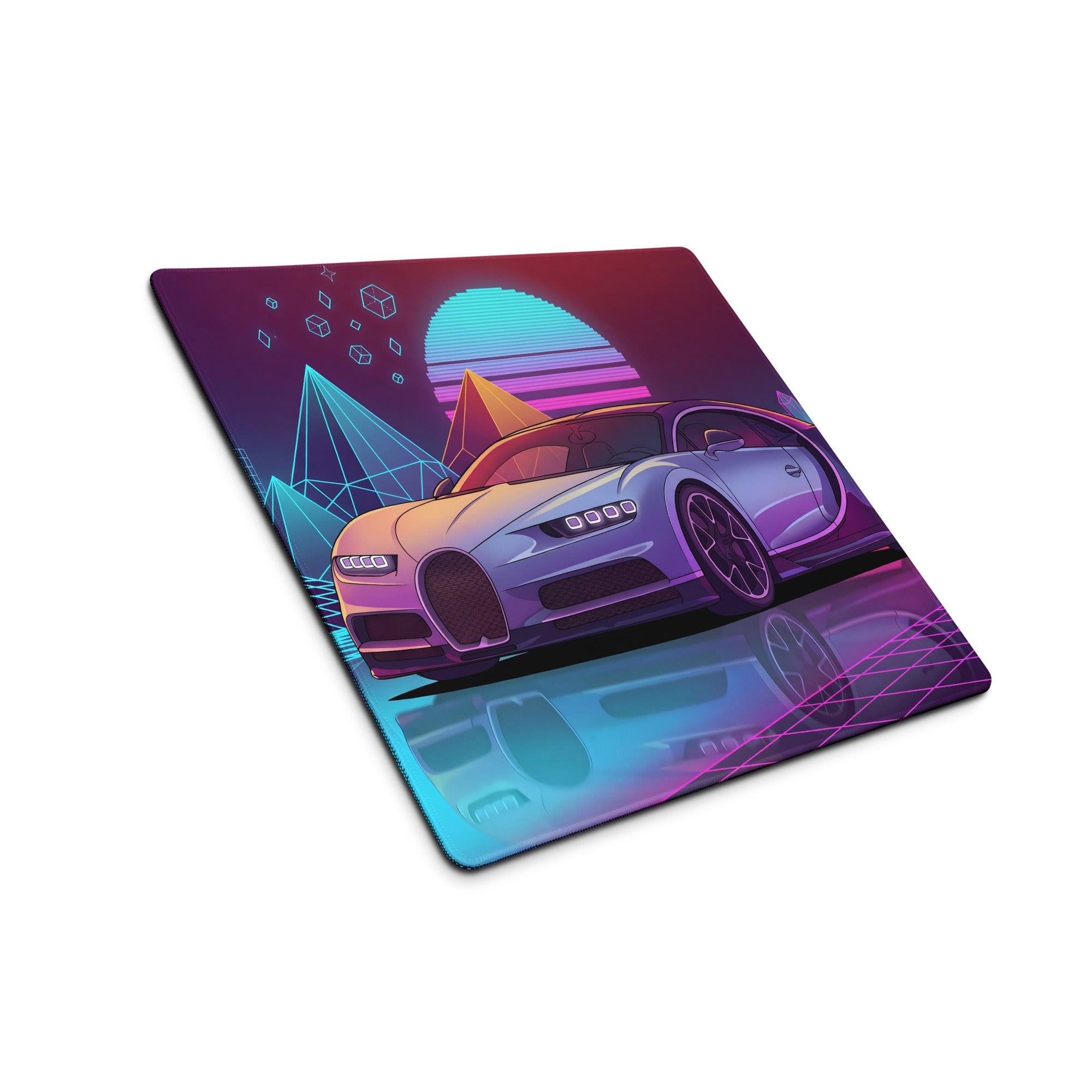 Bugatti Chiron Inspired Silver Purple Vaporwave Gaming Mouse Pad – Neon Cyan Pink Retro Futuristic City Desk Mat, Synthwave Hypercar Digital Art
