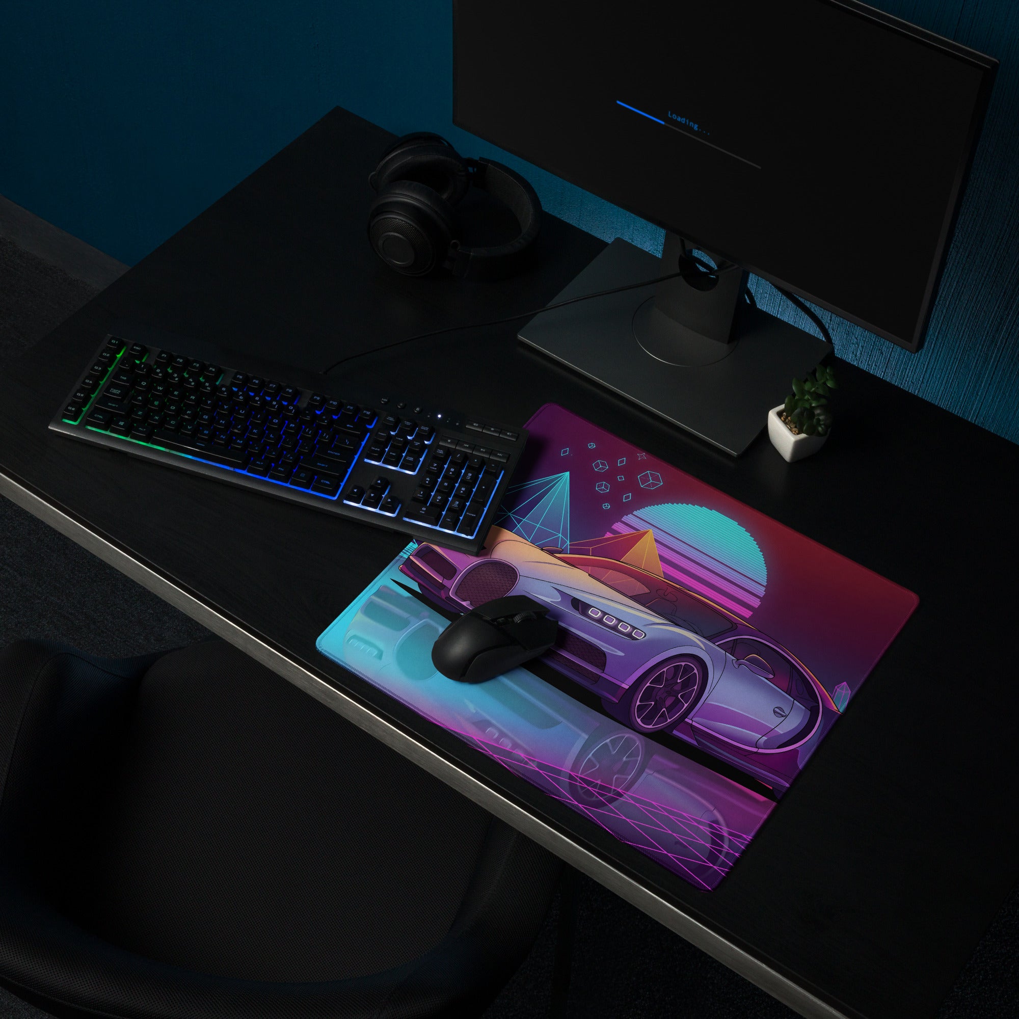 Bugatti Chiron Inspired Silver Purple Vaporwave Gaming Mouse Pad – Neon Cyan Pink Retro Futuristic City Desk Mat, Synthwave Hypercar Digital Art