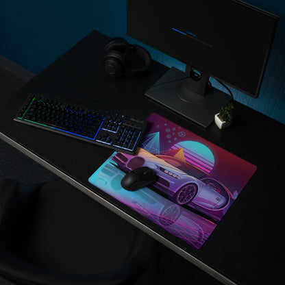 Bugatti Chiron Inspired Silver Purple Vaporwave Gaming Mouse Pad – Neon Cyan Pink Retro Futuristic City Desk Mat, Synthwave Hypercar Digital Art