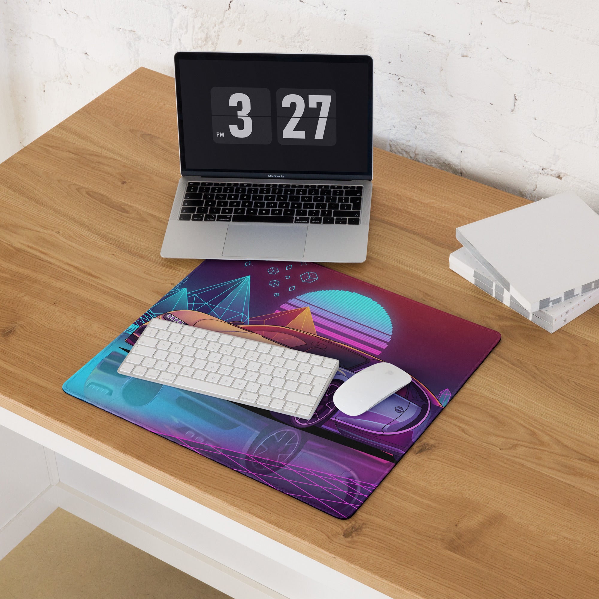 Bugatti Chiron Inspired Silver Purple Vaporwave Gaming Mouse Pad – Neon Cyan Pink Retro Futuristic City Desk Mat, Synthwave Hypercar Digital Art