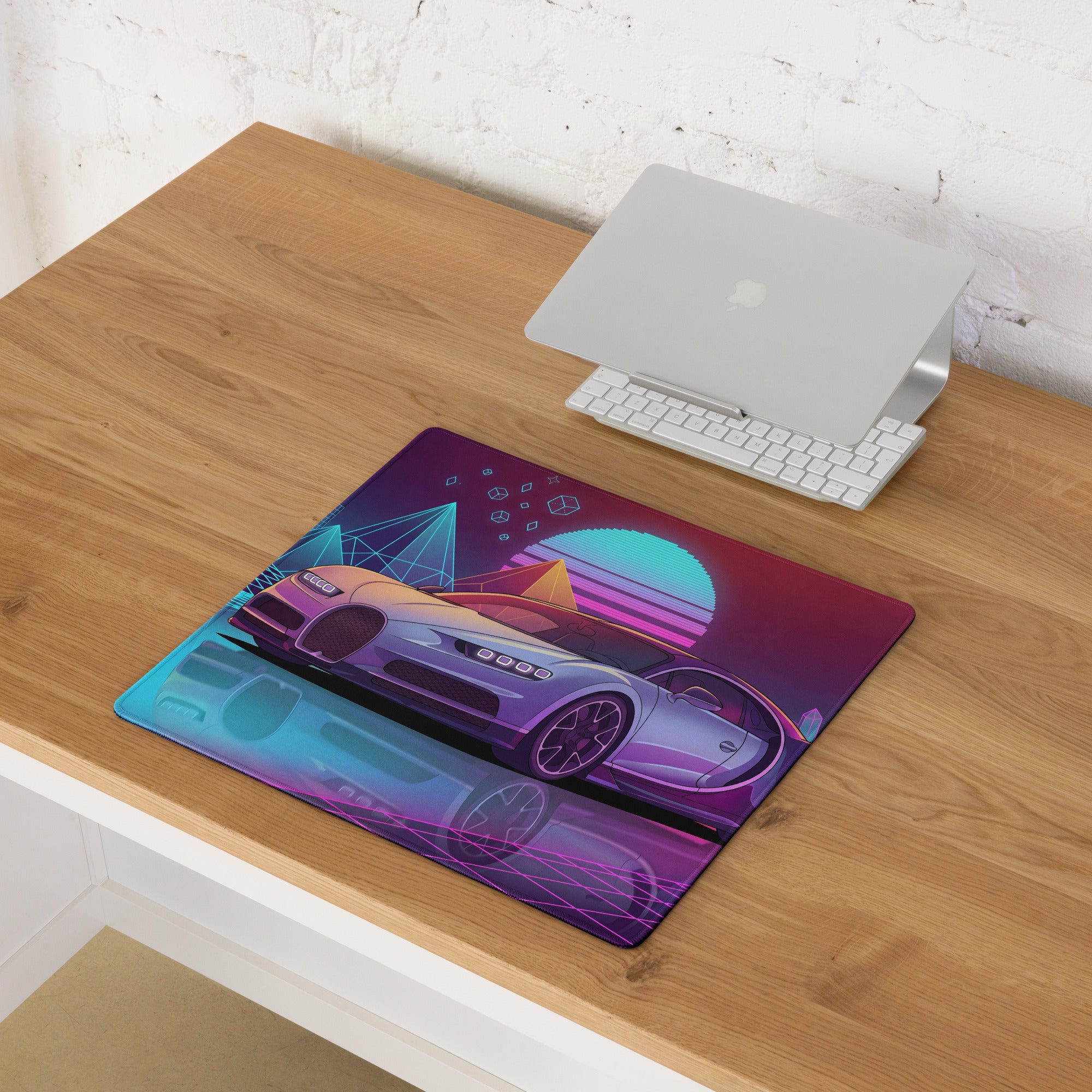 Bugatti Chiron Inspired Silver Purple Vaporwave Gaming Mouse Pad – Neon Cyan Pink Retro Futuristic City Desk Mat, Synthwave Hypercar Digital Art