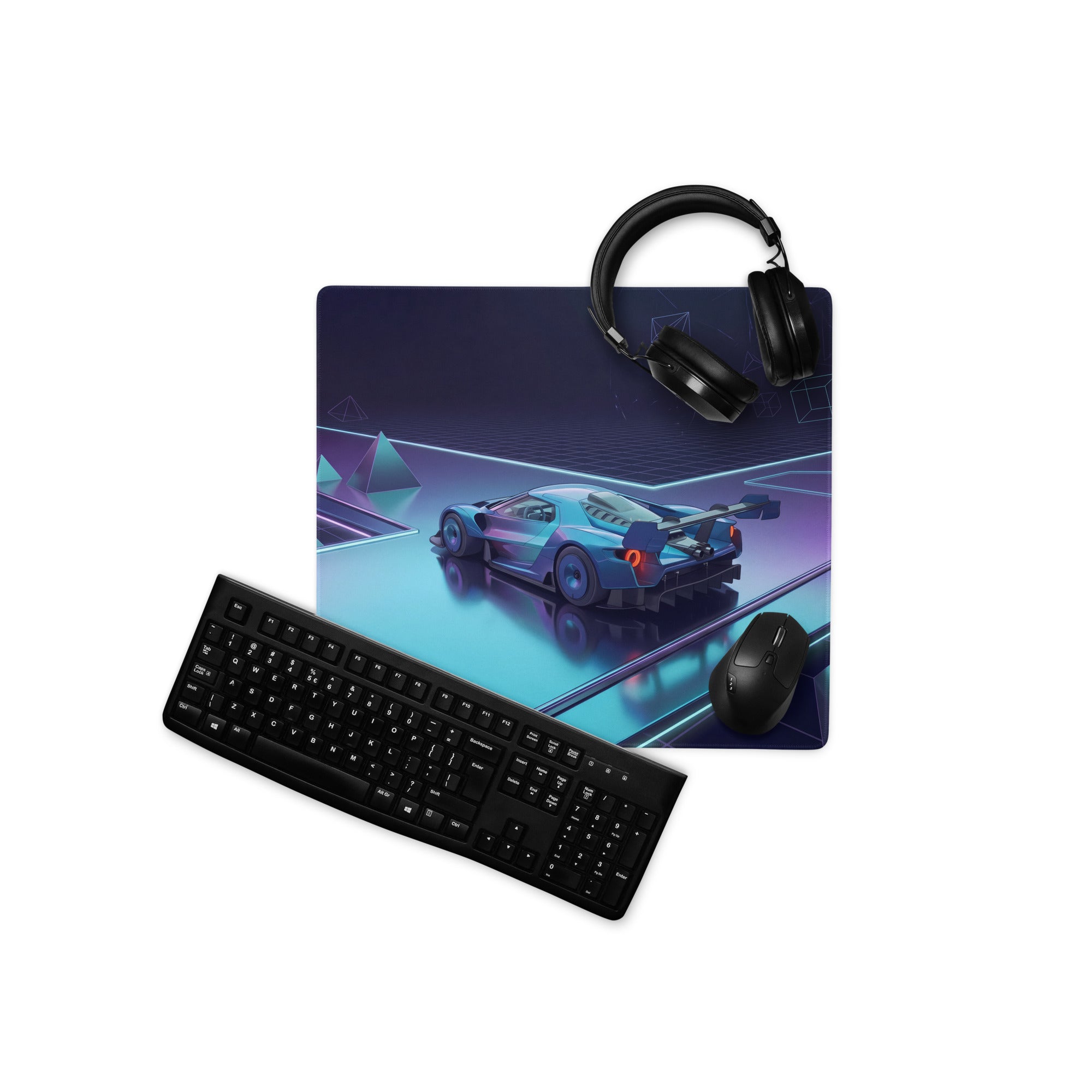 Ford GT Mk IV Inspired Silver Blue Vaporwave Gaming Mouse Pad – Neon Cyan Purple Futuristic Track Desk Mat, Geometric Supercar Digital Art