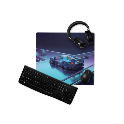 Ford GT Mk IV Inspired Silver Blue Vaporwave Gaming Mouse Pad – Neon Cyan Purple Futuristic Track Desk Mat, Geometric Supercar Digital Art