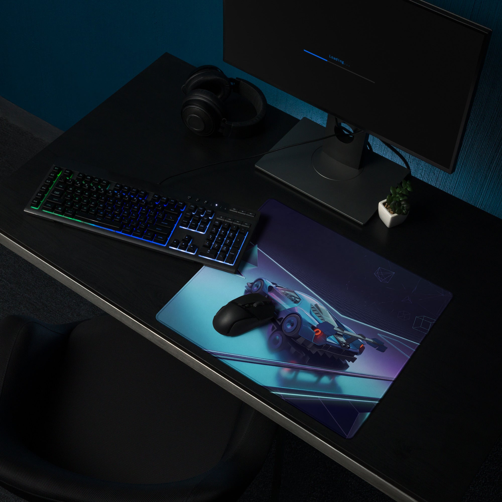 Ford GT Mk IV Inspired Silver Blue Vaporwave Gaming Mouse Pad – Neon Cyan Purple Futuristic Track Desk Mat, Geometric Supercar Digital Art