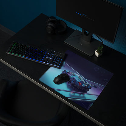 Ford GT Mk IV Inspired Silver Blue Vaporwave Gaming Mouse Pad – Neon Cyan Purple Futuristic Track Desk Mat, Geometric Supercar Digital Art