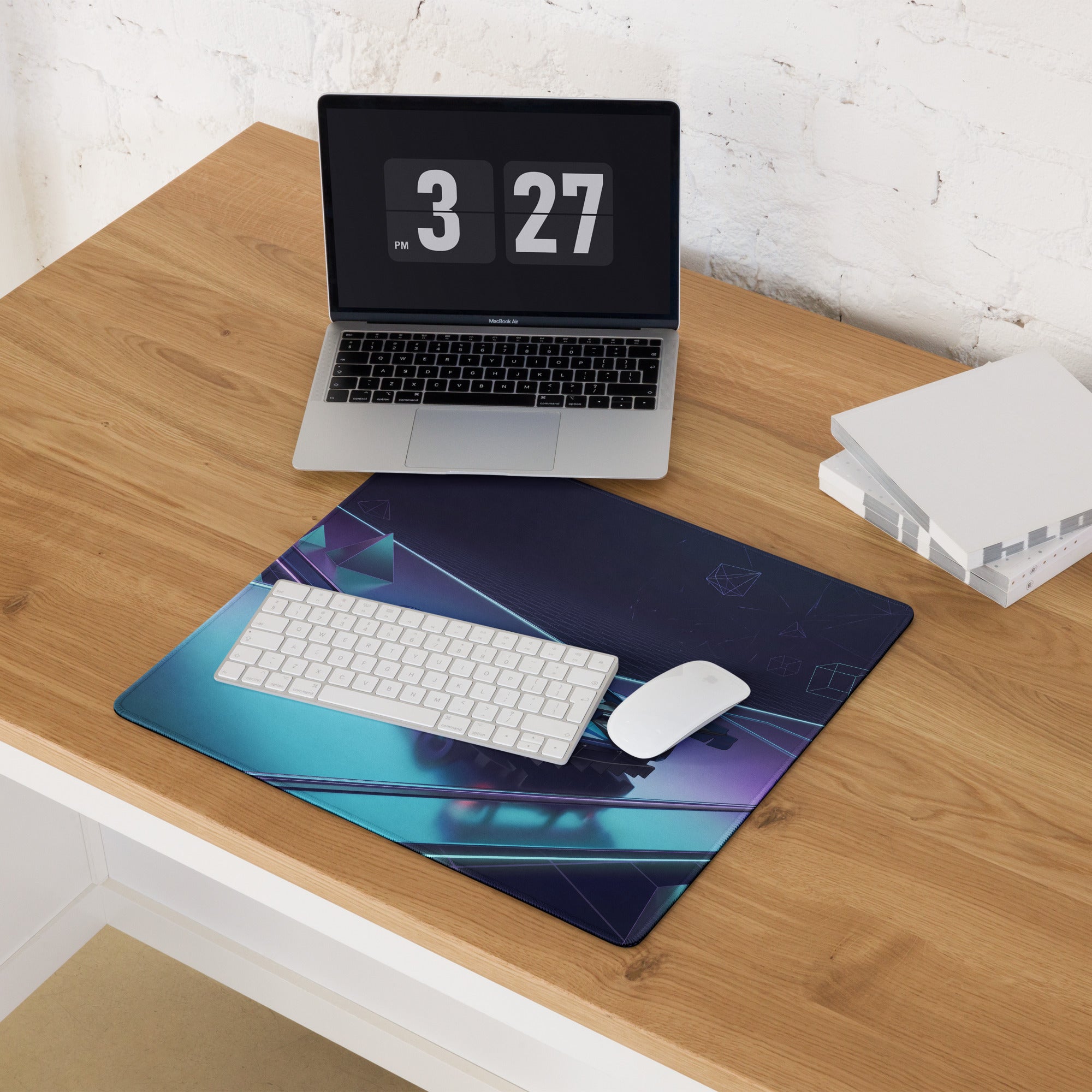 Ford GT Mk IV Inspired Silver Blue Vaporwave Gaming Mouse Pad – Neon Cyan Purple Futuristic Track Desk Mat, Geometric Supercar Digital Art