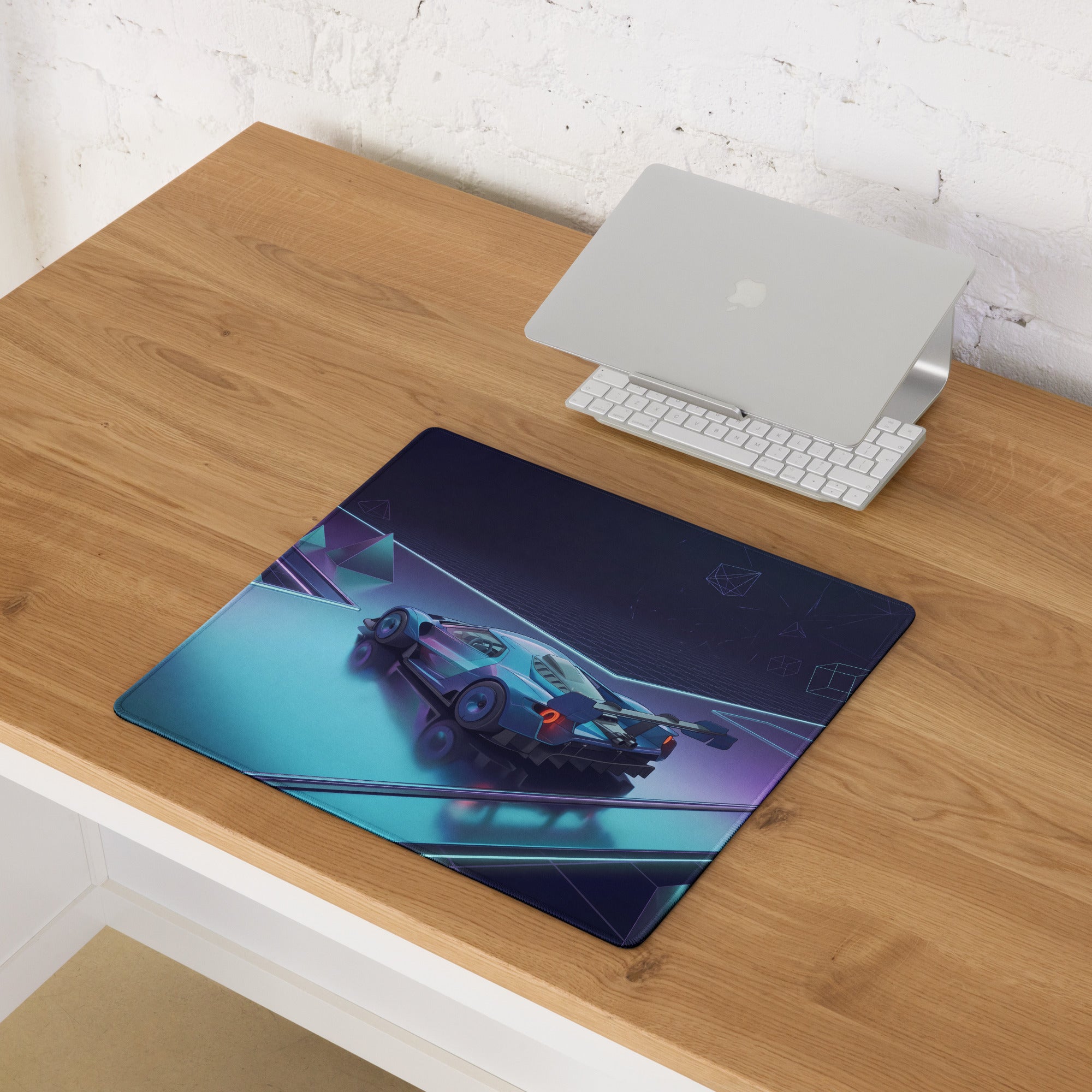 Ford GT Mk IV Inspired Silver Blue Vaporwave Gaming Mouse Pad – Neon Cyan Purple Futuristic Track Desk Mat, Geometric Supercar Digital Art