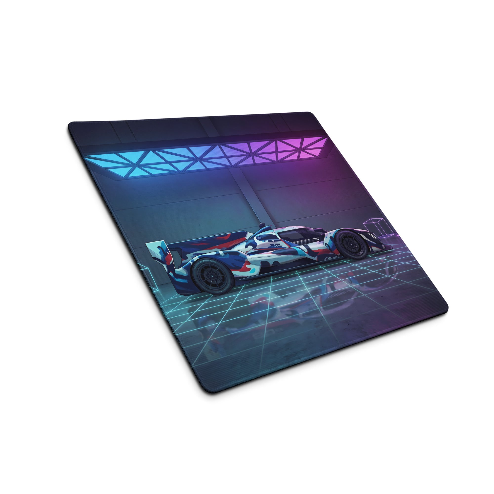 BMW M Hybrid V8 LMDh Inspired Blue Red Vaporwave Gaming Mouse Pad – Neon Cyan Purple Garage Desk Mat, Futuristic Le Mans Race Car Digital Artwork