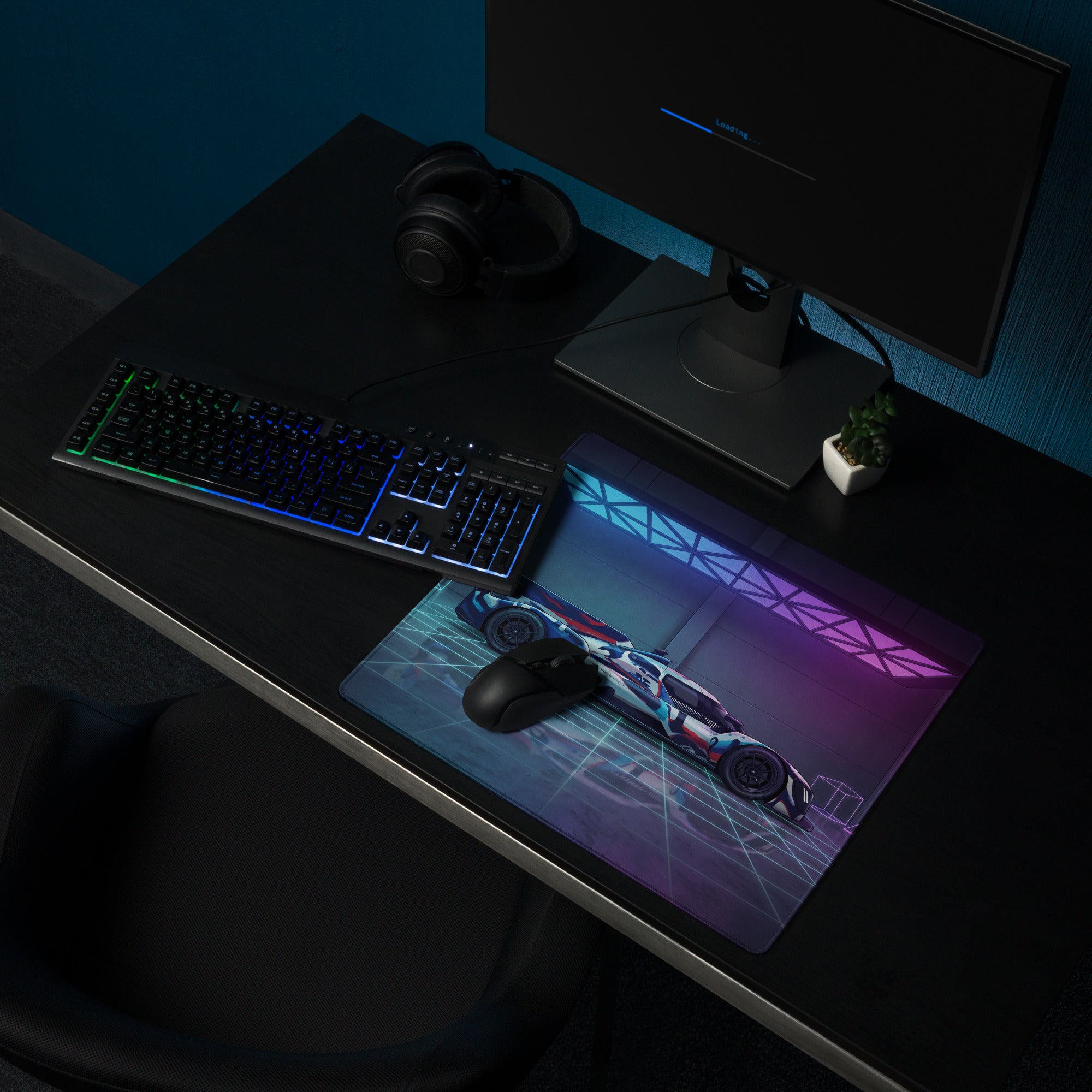 BMW M Hybrid V8 LMDh Inspired Blue Red Vaporwave Gaming Mouse Pad – Neon Cyan Purple Garage Desk Mat, Futuristic Le Mans Race Car Digital Artwork