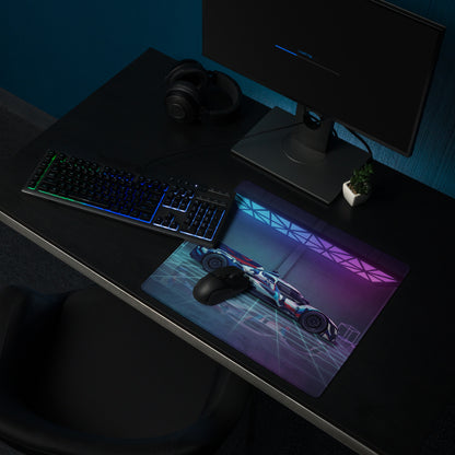 BMW M Hybrid V8 LMDh Inspired Blue Red Vaporwave Gaming Mouse Pad – Neon Cyan Purple Garage Desk Mat, Futuristic Le Mans Race Car Digital Artwork
