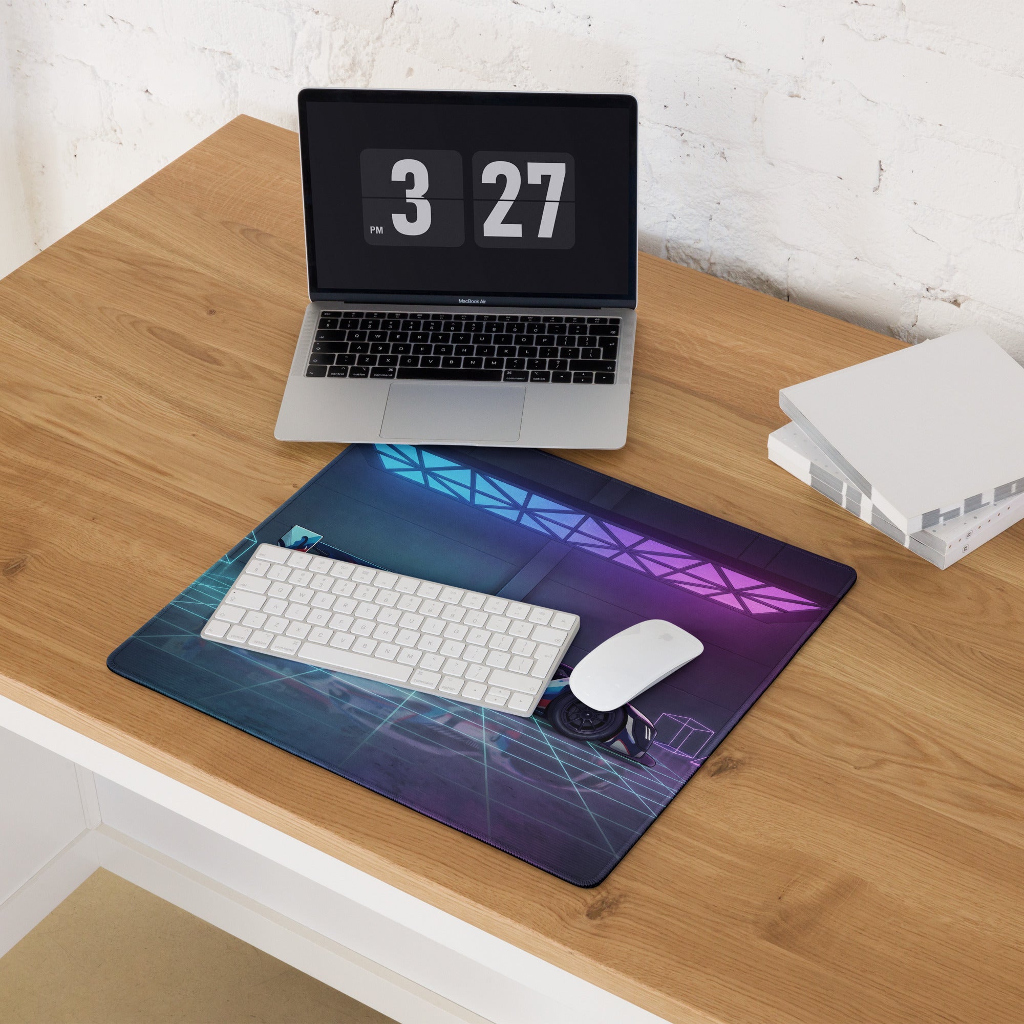 BMW M Hybrid V8 LMDh Inspired Blue Red Vaporwave Gaming Mouse Pad – Neon Cyan Purple Garage Desk Mat, Futuristic Le Mans Race Car Digital Artwork