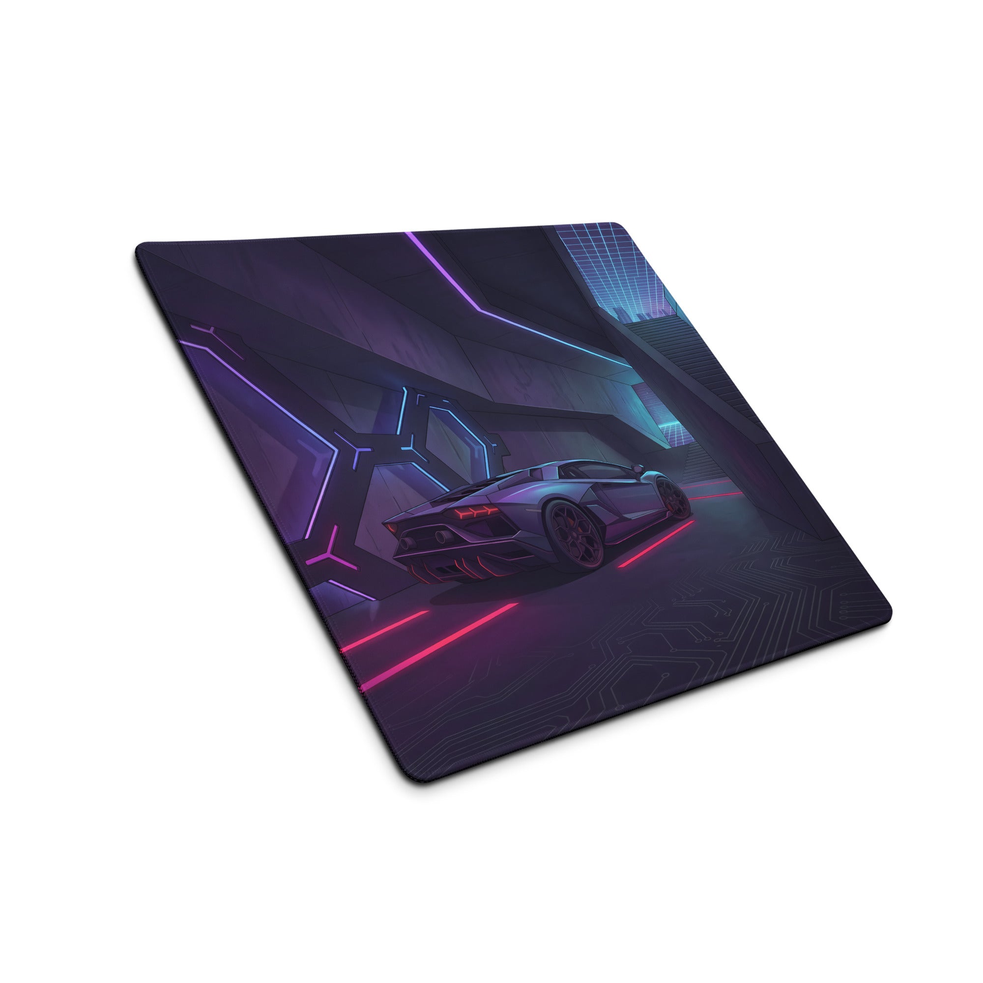 Lamborghini Aventador Inspired Gray Purple Vaporwave Gaming Mouse Pad – Neon Pink Cyberpunk Corridor Desk Mat, Futuristic Supercar Digital Art