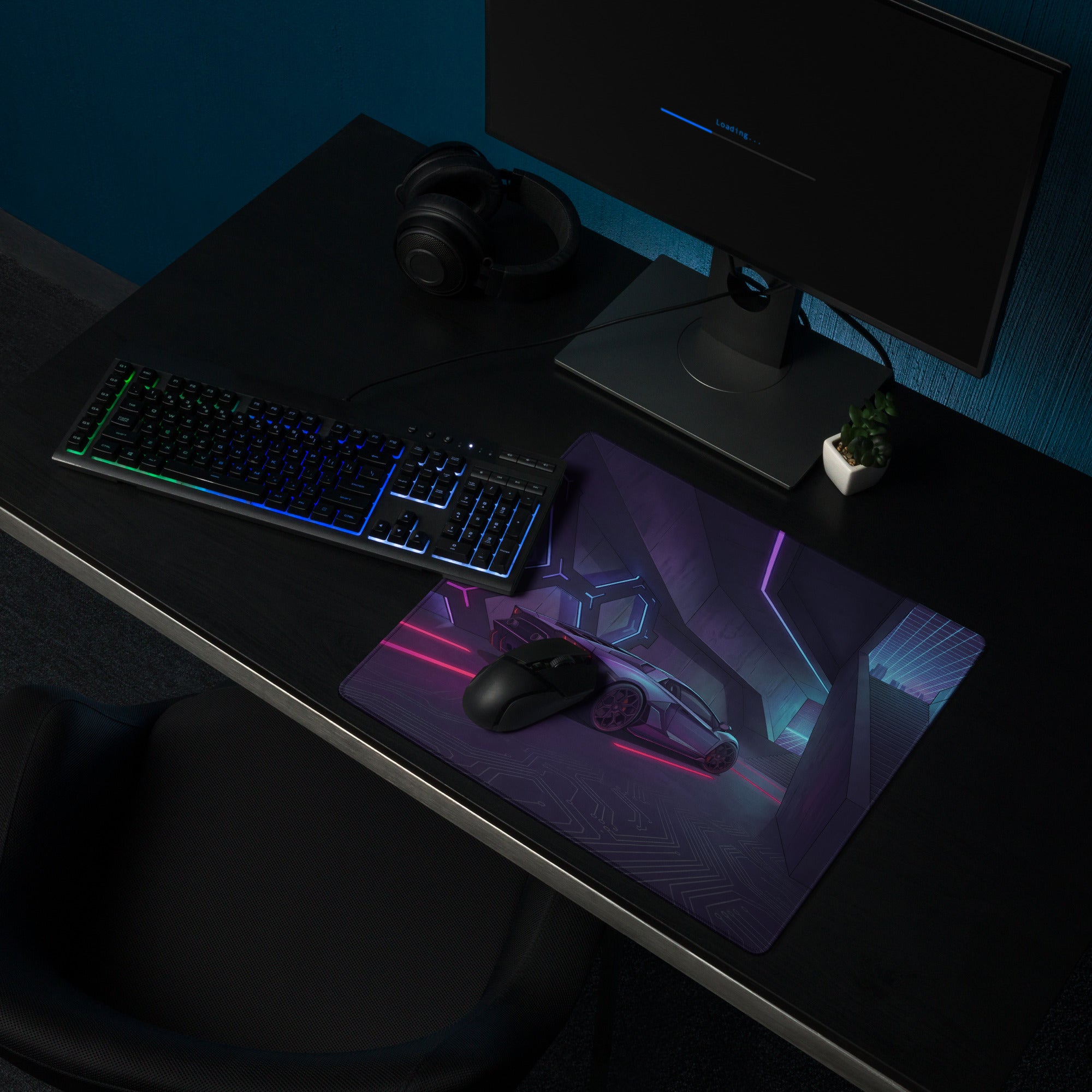 Lamborghini Aventador Inspired Gray Purple Vaporwave Gaming Mouse Pad – Neon Pink Cyberpunk Corridor Desk Mat, Futuristic Supercar Digital Art