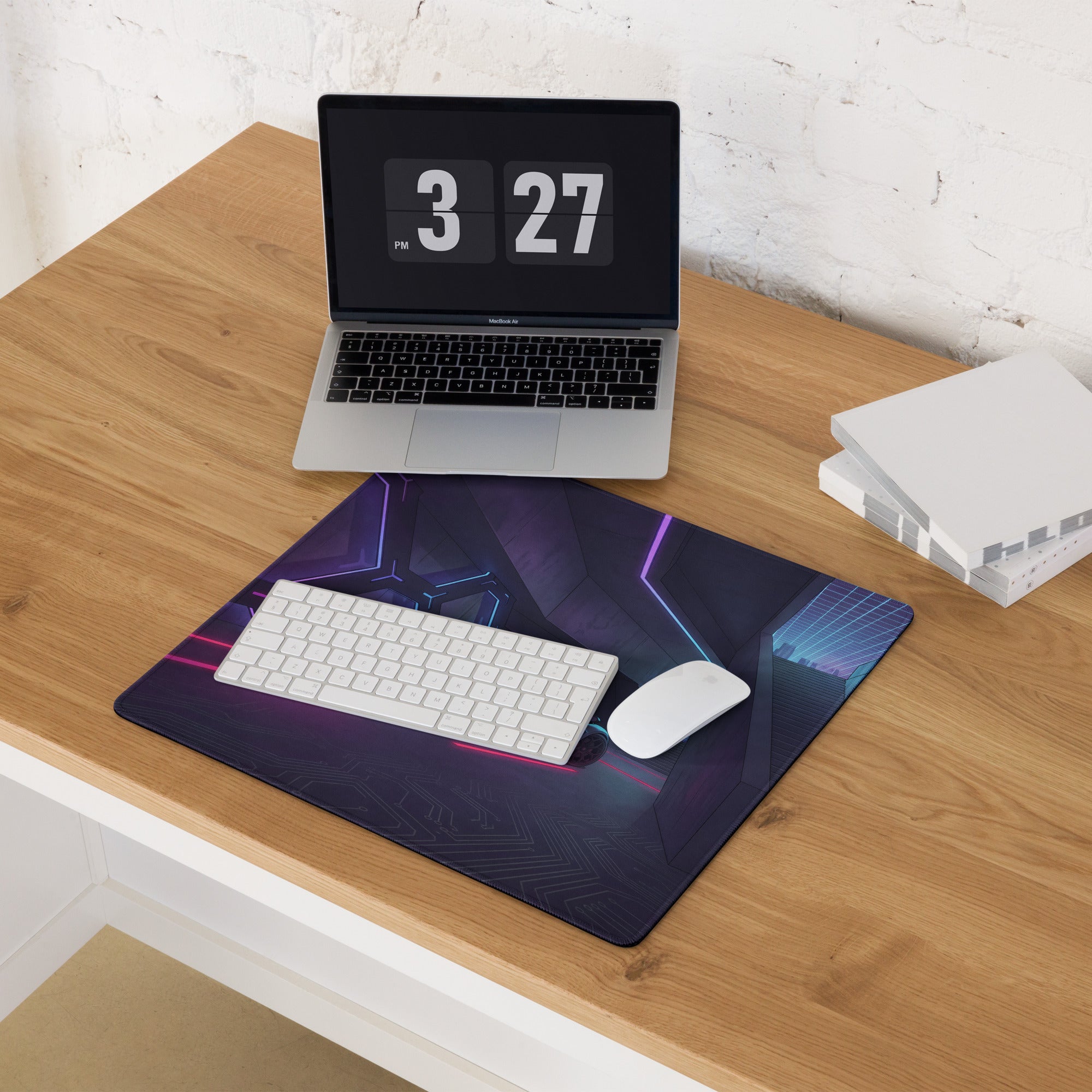 Lamborghini Aventador Inspired Gray Purple Vaporwave Gaming Mouse Pad – Neon Pink Cyberpunk Corridor Desk Mat, Futuristic Supercar Digital Art