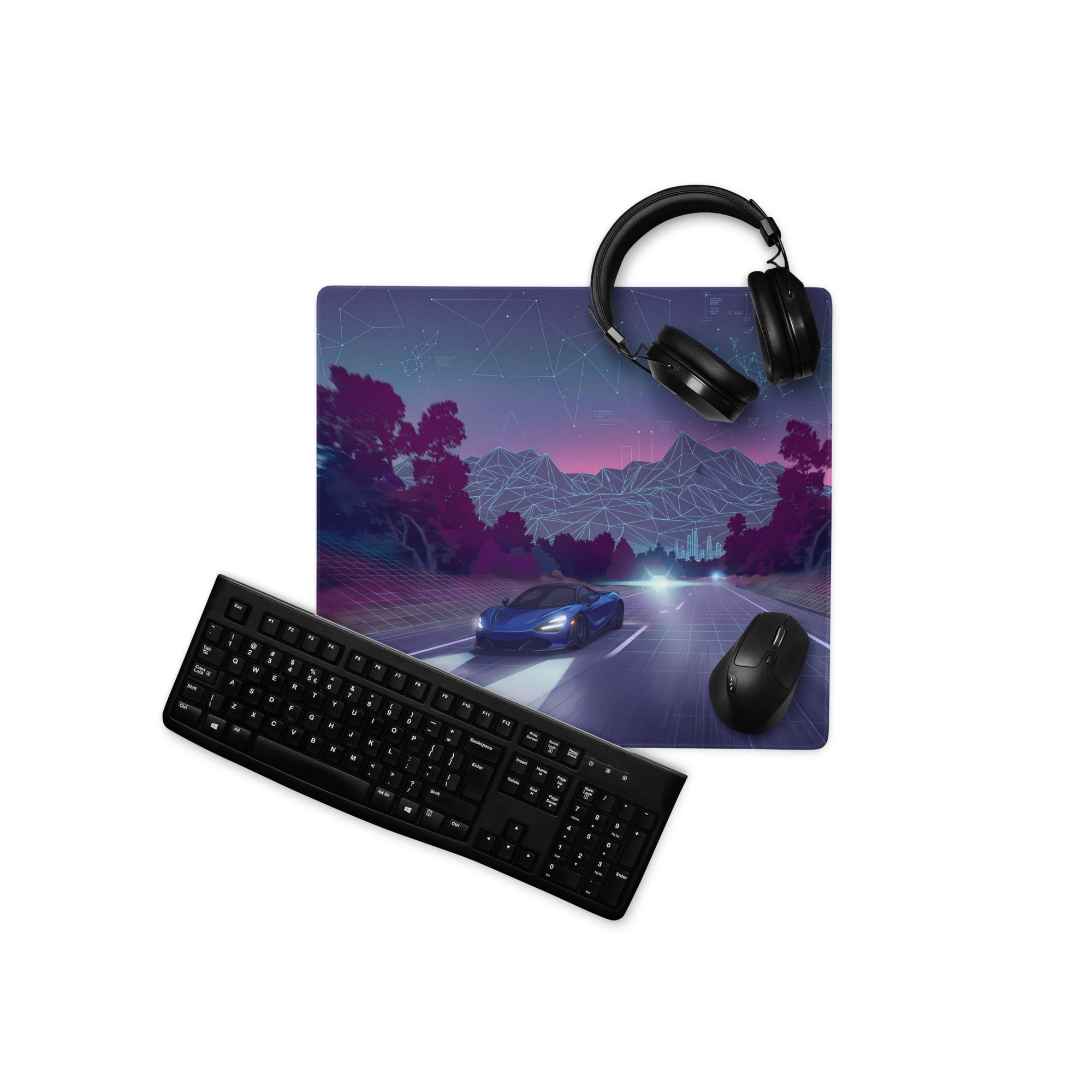 McLaren 720S Inspired Blue Purple Vaporwave Gaming Mouse Pad – Neon Highway Desk Mat, Futuristic Synthwave Supercar Digital Artwork