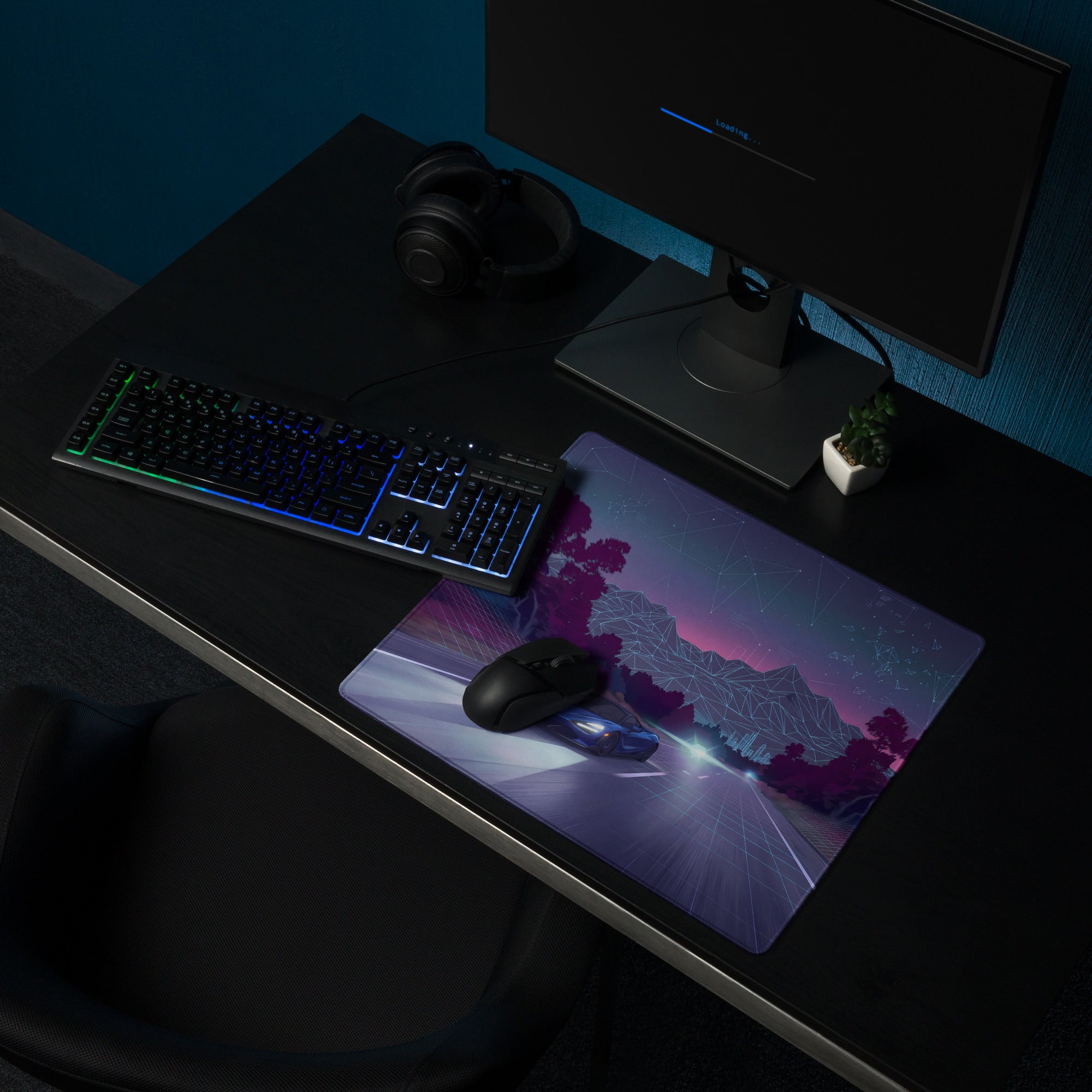 McLaren 720S Inspired Blue Purple Vaporwave Gaming Mouse Pad – Neon Highway Desk Mat, Futuristic Synthwave Supercar Digital Artwork