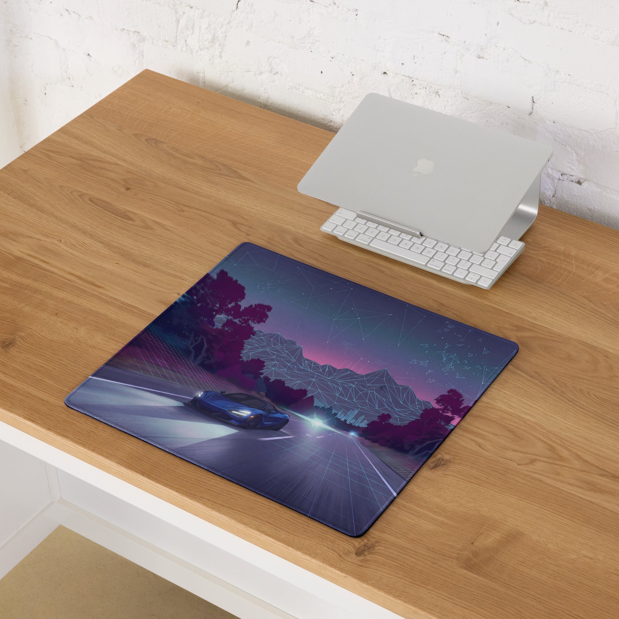 McLaren 720S Inspired Blue Purple Vaporwave Gaming Mouse Pad – Neon Highway Desk Mat, Futuristic Synthwave Supercar Digital Artwork