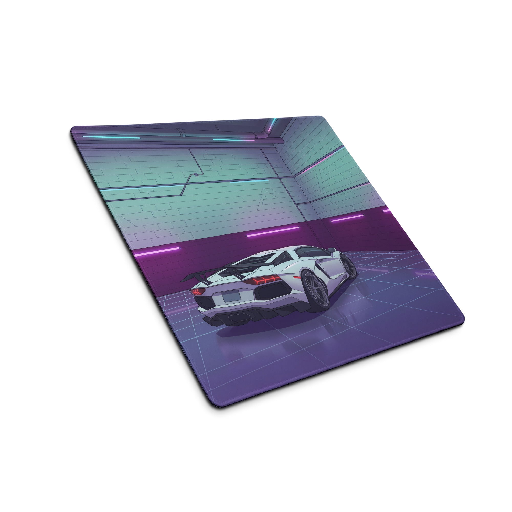 Lamborghini Aventador SVJ Inspired White Purple Vaporwave Gaming Mouse Pad – Neon Garage Desk Mat, Retro Futuristic Supercar Digital Artwork