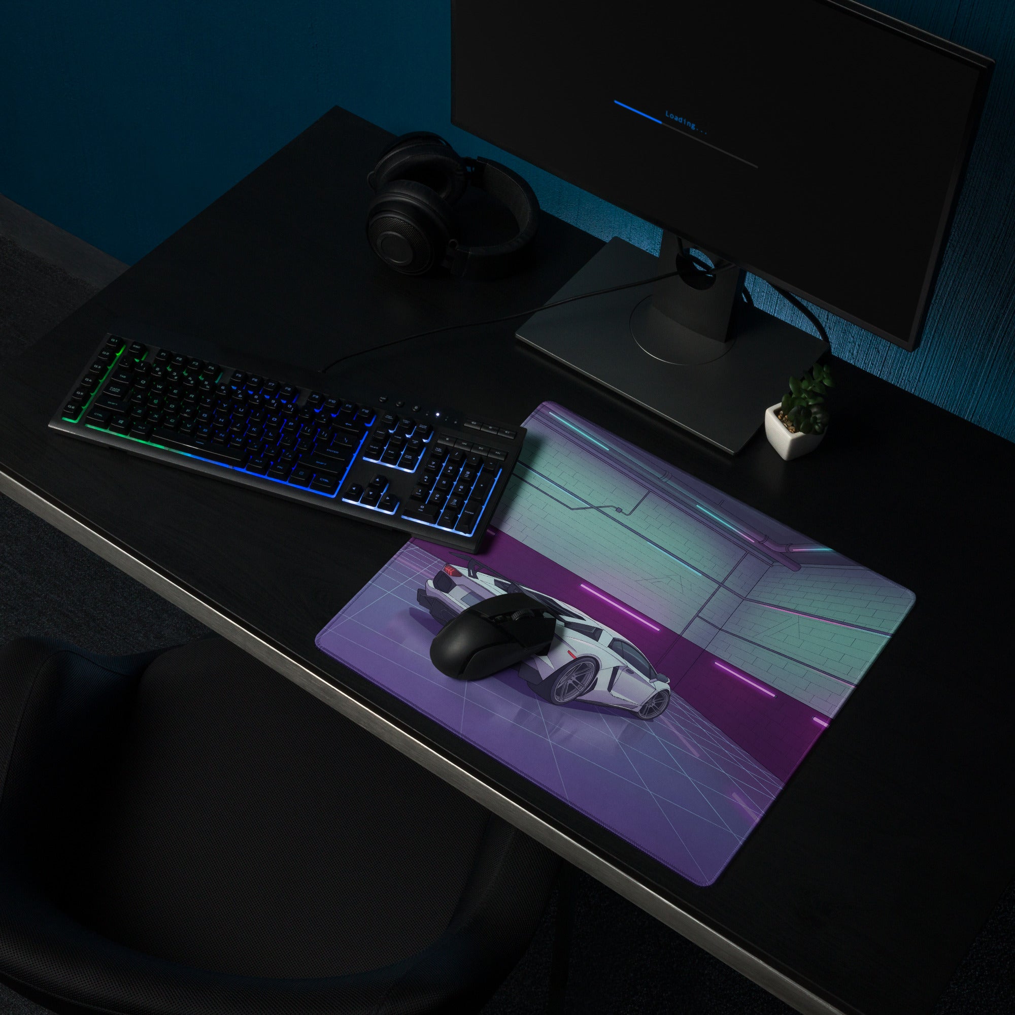 Lamborghini Aventador SVJ Inspired White Purple Vaporwave Gaming Mouse Pad – Neon Garage Desk Mat, Retro Futuristic Supercar Digital Artwork
