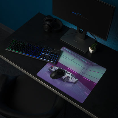 Lamborghini Aventador SVJ Inspired White Purple Vaporwave Gaming Mouse Pad – Neon Garage Desk Mat, Retro Futuristic Supercar Digital Artwork